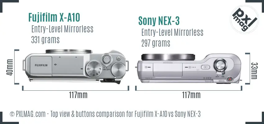 Fujifilm X-A10 vs Sony NEX-3 top view buttons comparison