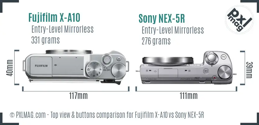 Fujifilm X-A10 vs Sony NEX-5R top view buttons comparison Fujifilm X-A10 vs Sony NEX-5R top view buttons comparison