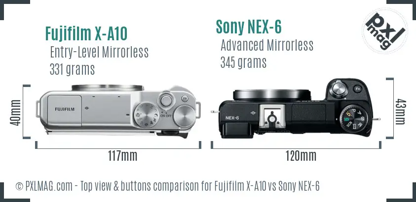 Fujifilm X-A10 vs Sony NEX-6 top view buttons comparison