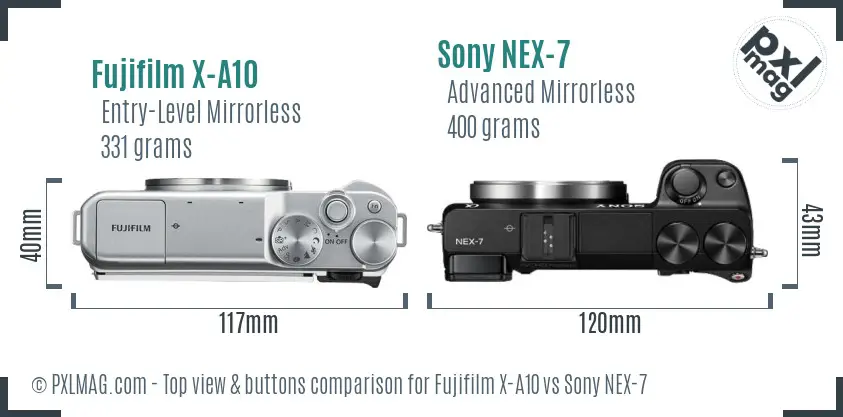 Fujifilm X-A10 vs Sony NEX-7 top view buttons comparison