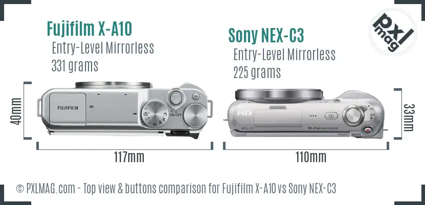 Fujifilm X-A10 vs Sony NEX-C3 top view buttons comparison Fujifilm X-A10 vs Sony NEX-C3 top view buttons comparison