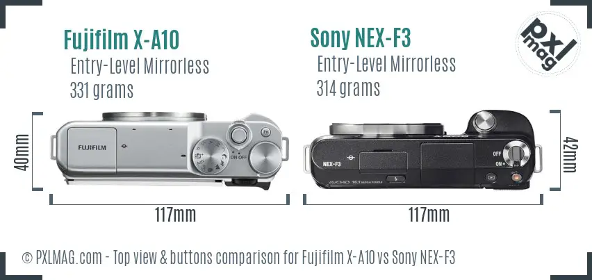 Fujifilm X-A10 vs Sony NEX-F3 top view buttons comparison