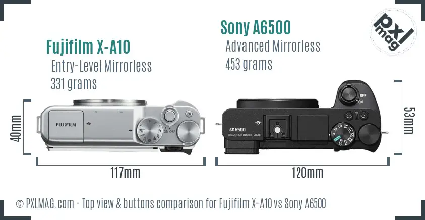 Fujifilm X-A10 vs Sony A6500 top view buttons comparison Fujifilm X-A10 vs Sony A6500 top view buttons comparison
