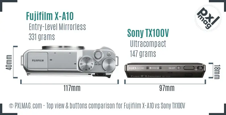Fujifilm X-A10 vs Sony TX100V top view buttons comparison Fujifilm X-A10 vs Sony TX100V top view buttons comparison