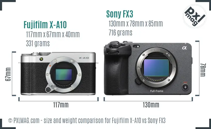 Fujifilm X-A10 vs Sony FX3 size comparison