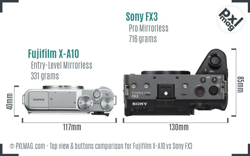 Fujifilm X-A10 vs Sony FX3 top view buttons comparison