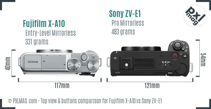 Fujifilm X-A10 vs Sony ZV-E1 top view buttons comparison
