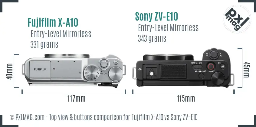 Fujifilm X-A10 vs Sony ZV-E10 top view buttons comparison