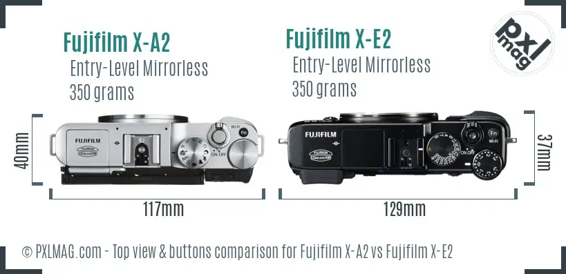Fujifilm X-A2 vs Fujifilm X-E2 top view buttons comparison