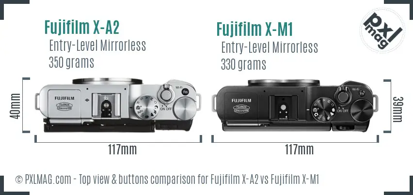 Fujifilm X-A2 vs Fujifilm X-M1 top view buttons comparison