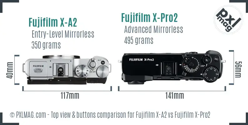 Fujifilm X-A2 vs Fujifilm X-Pro2 top view buttons comparison