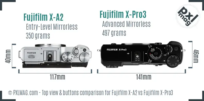 Fujifilm X-A2 vs Fujifilm X-Pro3 top view buttons comparison