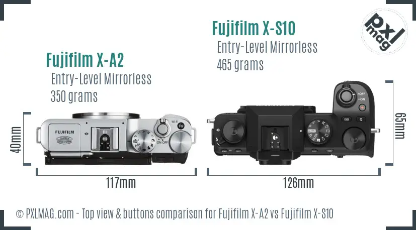 Fujifilm X-A2 vs Fujifilm X-S10 top view buttons comparison