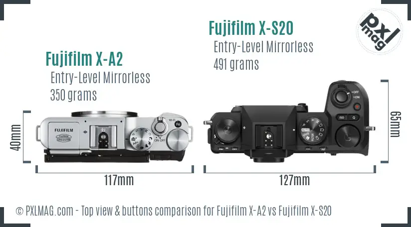 Fujifilm X-A2 vs Fujifilm X-S20 top view buttons comparison