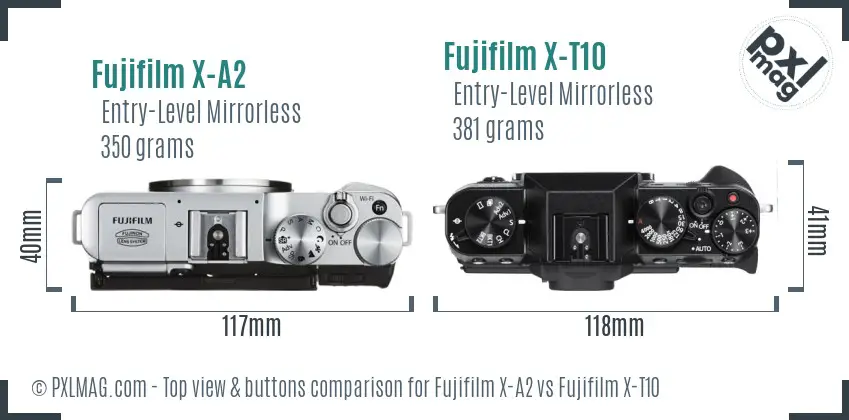 Fujifilm X-A2 vs Fujifilm X-T10 top view buttons comparison