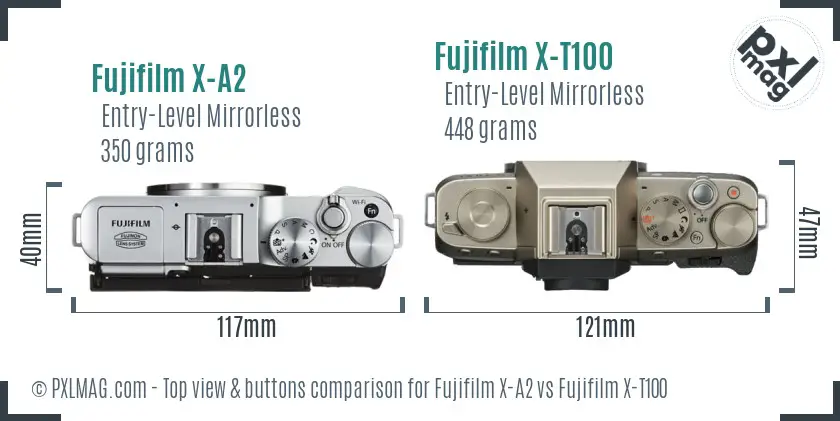 Fujifilm X-A2 vs Fujifilm X-T100 top view buttons comparison