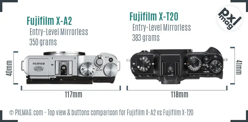 Fujifilm X-A2 vs Fujifilm X-T20 top view buttons comparison