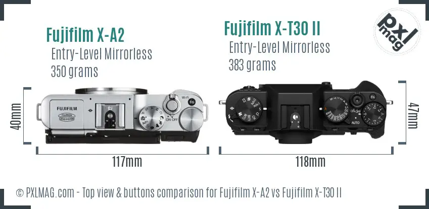 Fujifilm X-A2 vs Fujifilm X-T30 II top view buttons comparison