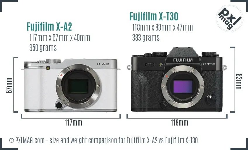 Fujifilm X-A2 vs Fujifilm X-T30 size comparison