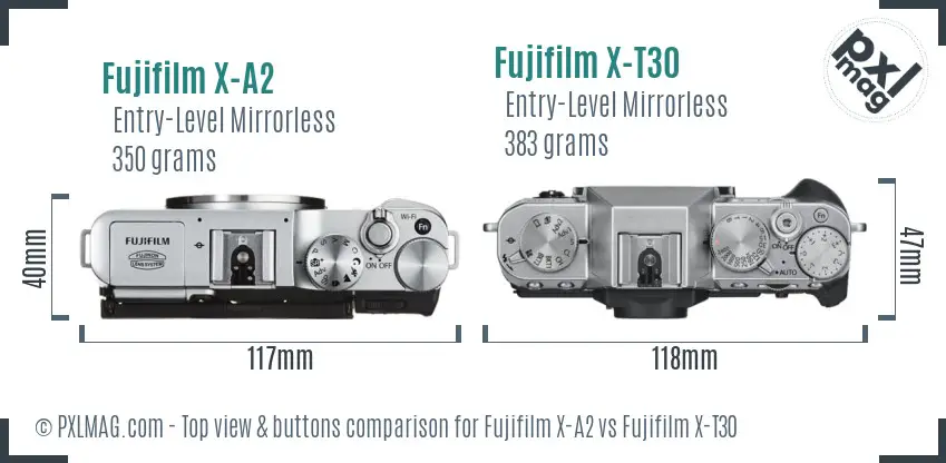 Fujifilm X-A2 vs Fujifilm X-T30 top view buttons comparison