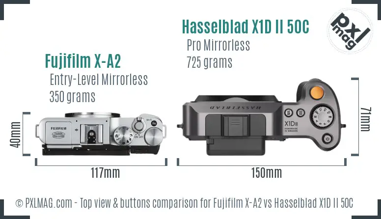 Fujifilm X-A2 vs Hasselblad X1D II 50C top view buttons comparison Fujifilm X-A2 vs Hasselblad X1D II 50C top view buttons comparison