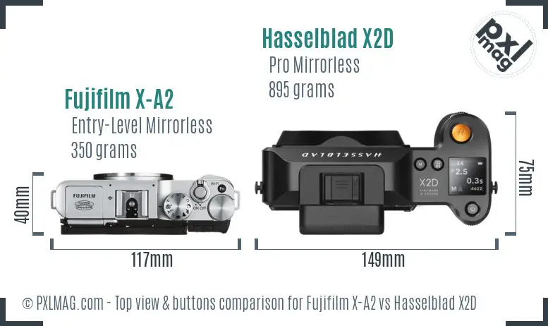 Fujifilm X-A2 vs Hasselblad X2D top view buttons comparison Fujifilm X-A2 vs Hasselblad X2D top view buttons comparison