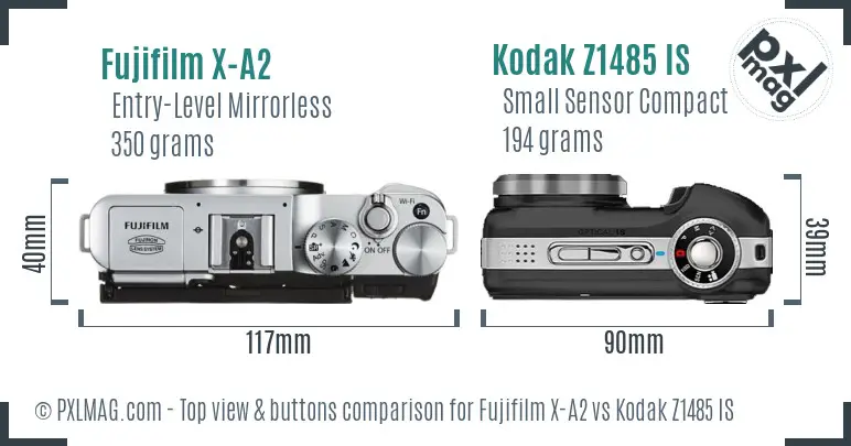 Fujifilm X-A2 vs Kodak Z1485 IS top view buttons comparison