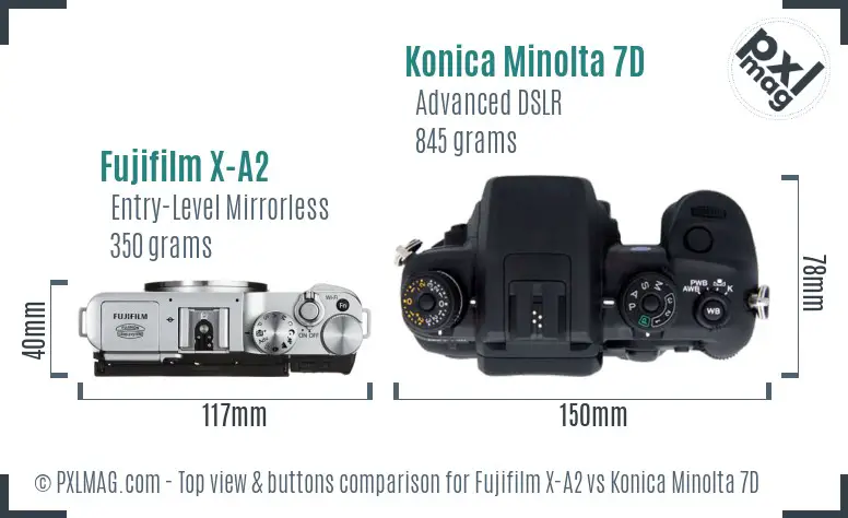 Fujifilm X-A2 vs Konica Minolta 7D top view buttons comparison