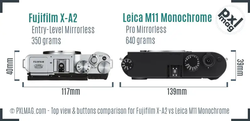 Fujifilm X-A2 vs Leica M11 Monochrome top view buttons comparison