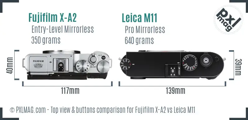 Fujifilm X-A2 vs Leica M11 top view buttons comparison