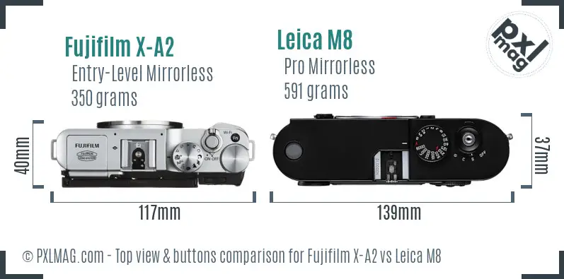Fujifilm X-A2 vs Leica M8 top view buttons comparison