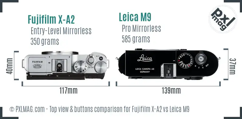 Fujifilm X-A2 vs Leica M9 top view buttons comparison