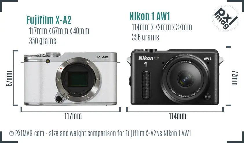 Fujifilm X-A2 vs Nikon 1 AW1 size comparison