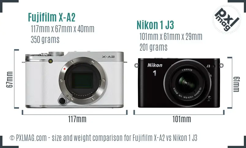 Fujifilm X-A2 vs Nikon 1 J3 size comparison