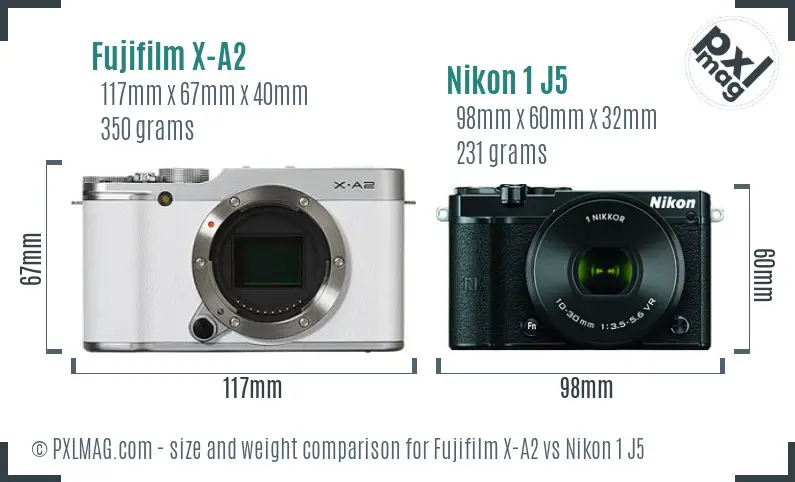 Fujifilm X-A2 vs Nikon 1 J5 size comparison