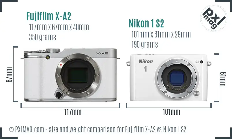 Fujifilm X-A2 vs Nikon 1 S2 size comparison