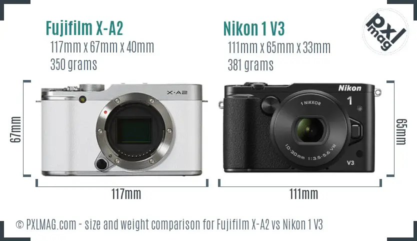 Fujifilm X-A2 vs Nikon 1 V3 size comparison