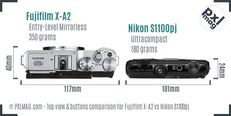 Fujifilm X-A2 vs Nikon S1100pj top view buttons comparison