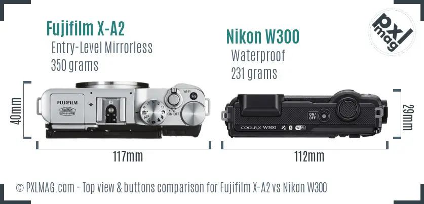 Fujifilm X-A2 vs Nikon W300 top view buttons comparison
