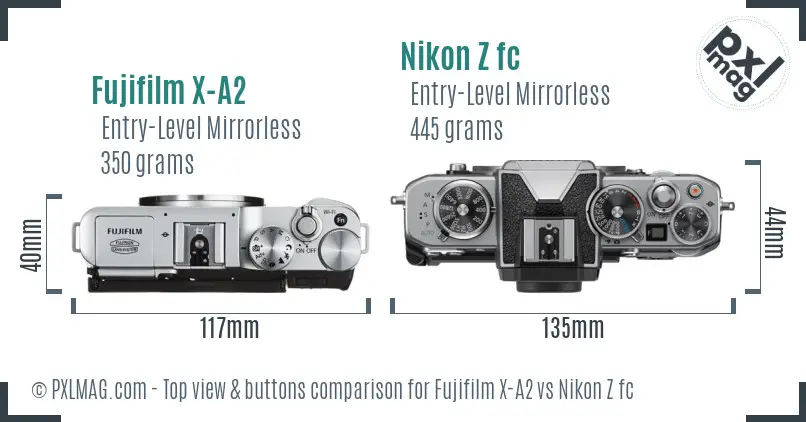 Fujifilm X-A2 vs Nikon Z fc top view buttons comparison