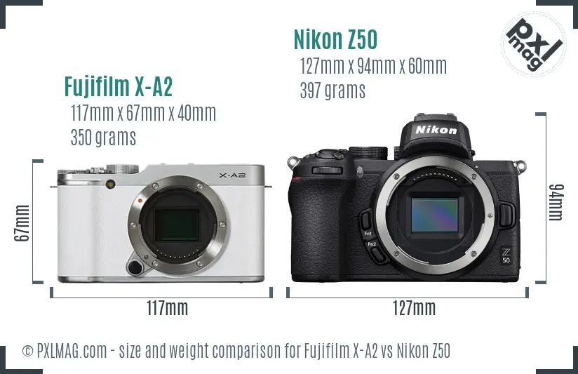 Fujifilm X-A2 vs Nikon Z50 size comparison