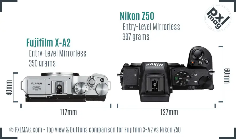 Fujifilm X-A2 vs Nikon Z50 top view buttons comparison