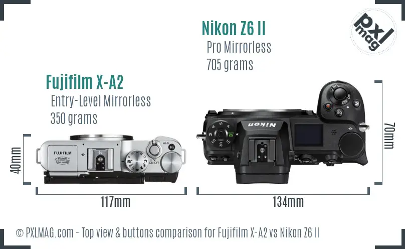 Fujifilm X-A2 vs Nikon Z6 II top view buttons comparison