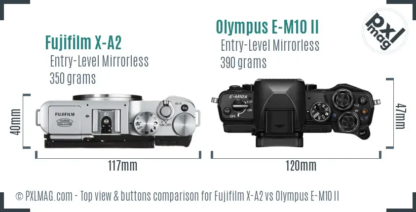 Fujifilm X-A2 vs Olympus E-M10 II top view buttons comparison