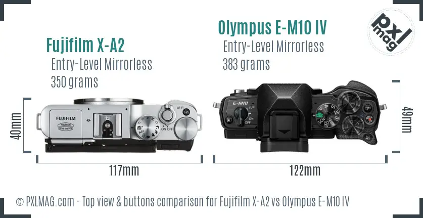 Fujifilm X-A2 vs Olympus E-M10 IV top view buttons comparison