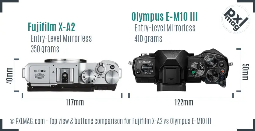 Fujifilm X-A2 vs Olympus E-M10 III top view buttons comparison