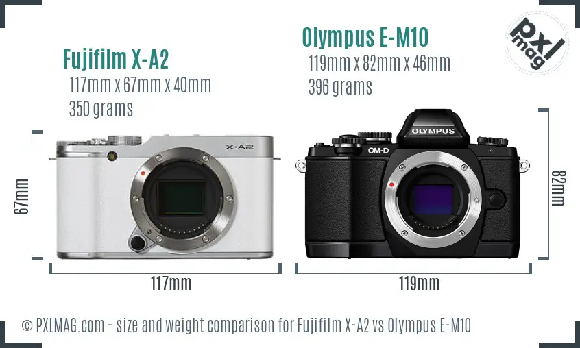 Fujifilm X-A2 vs Olympus E-M10 size comparison