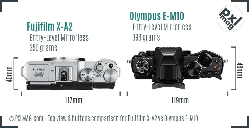 Fujifilm X-A2 vs Olympus E-M10 top view buttons comparison