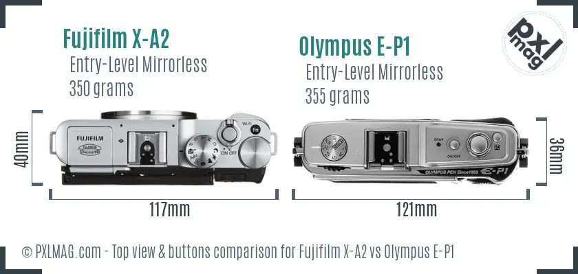 Fujifilm X-A2 vs Olympus E-P1 top view buttons comparison