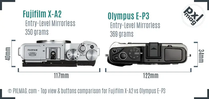 Fujifilm X-A2 vs Olympus E-P3 top view buttons comparison